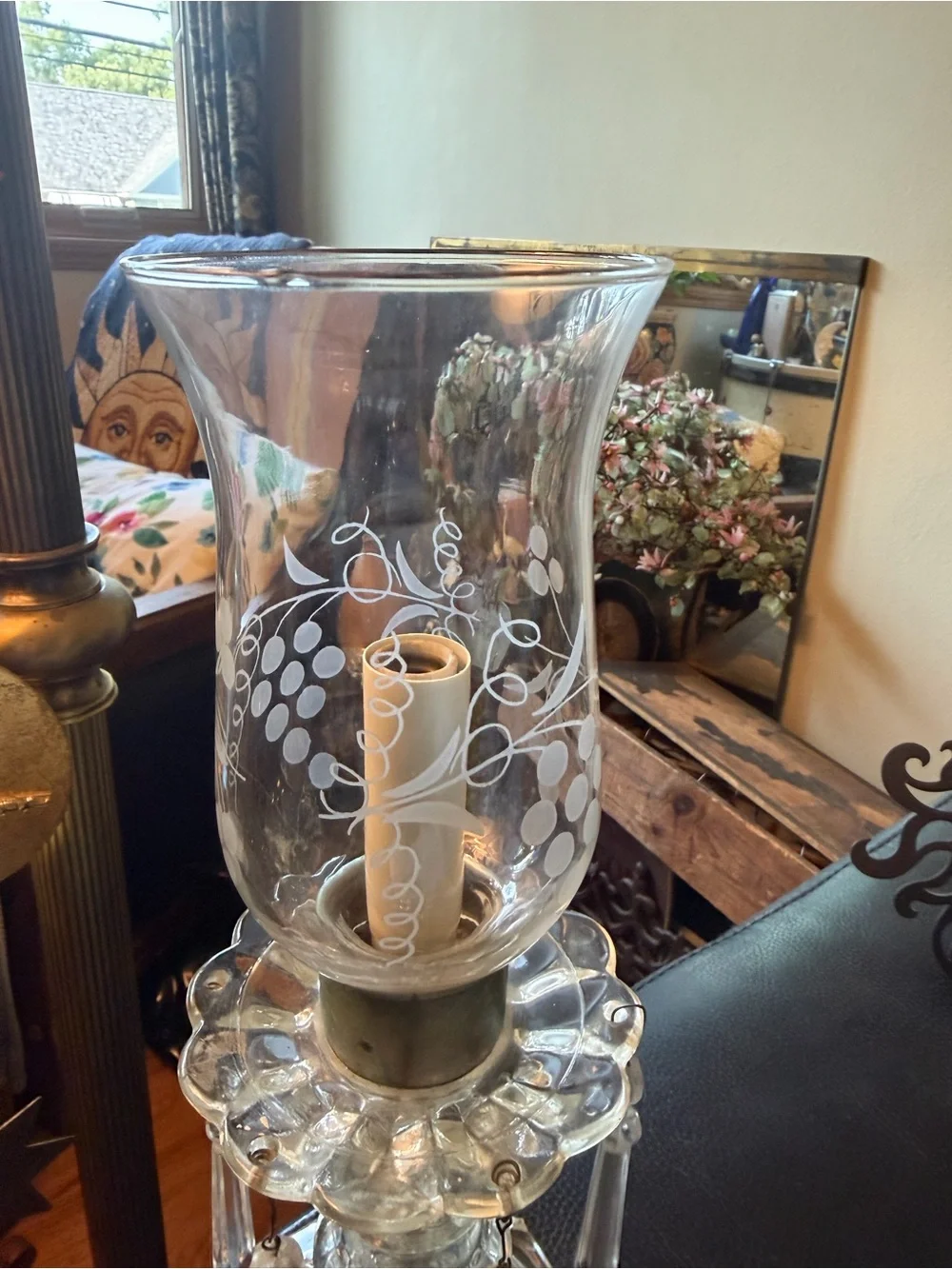 Antique Crystal Hurricane Table Lamps with Etched Shades & Crystal Prisms